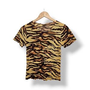 Y2K Tiger Print Sheer Mesh Top M Lettuce Hem Short Sleeve Animal Print Grunge